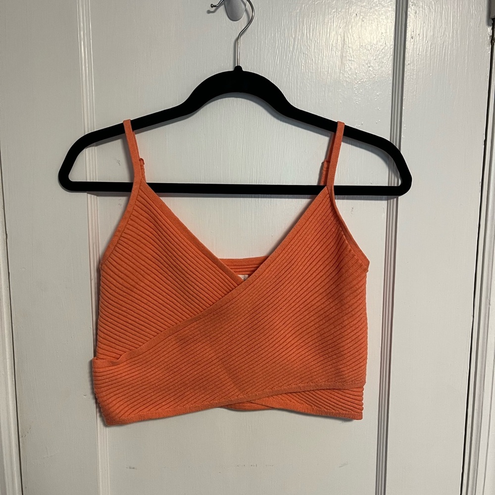 Coral Ribbed Wrap Crop Top